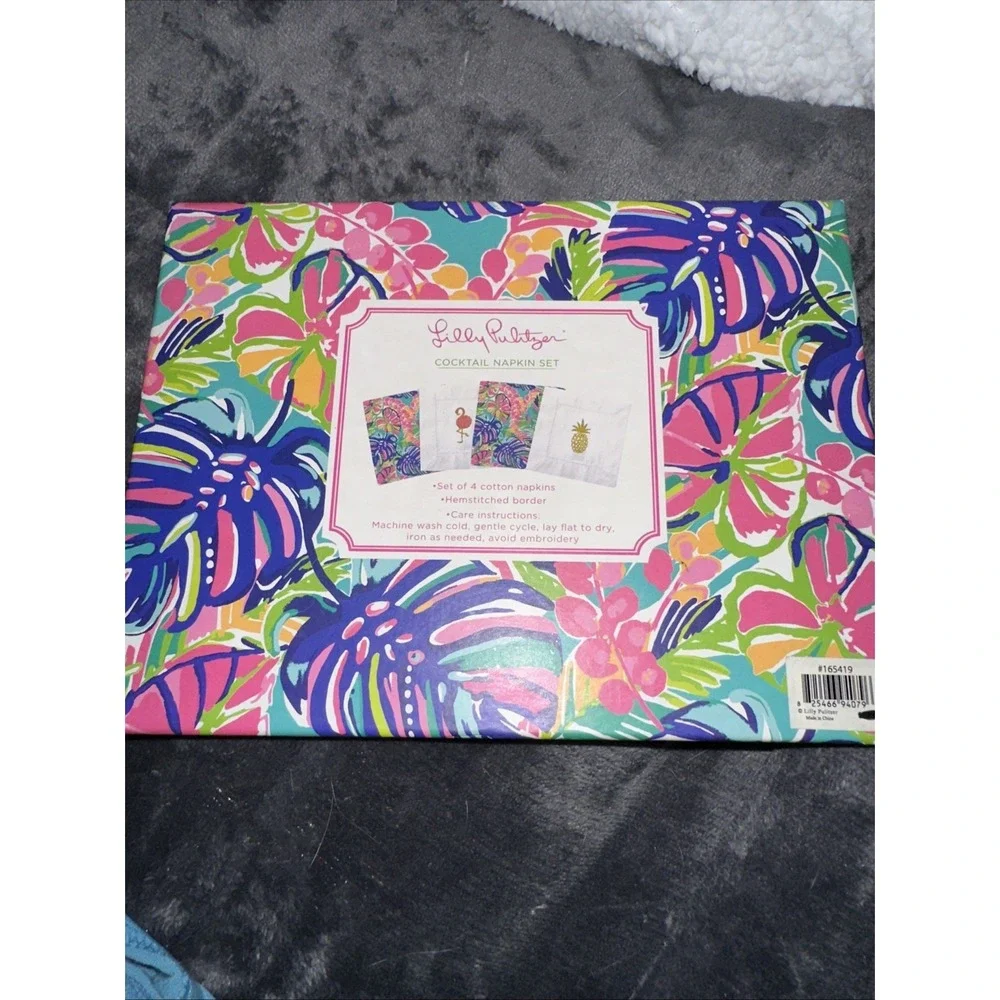 NWT LILLY PULITZER GWP Cocktail Napkin Set Seasalt Blue Fruity Flamingo Set of 4